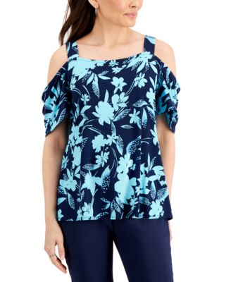 JM Collection - Printed Cold-Shoulder Top