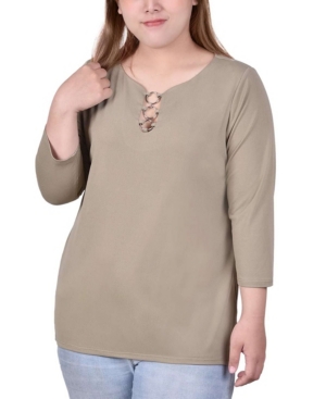 Ny Collection Plus Size 3/4 Sleeve Crepe Knit Top With 3 Rings In Light Olive