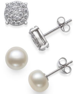 Macy's 2-pc. Set Cultured Freshwater Pearl (7mm) & Cubic Zirconia Stud Earrings In Sterling Silver In Sterling Silver