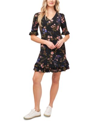 CeCe Women s Floral Print Ruffled Short Sleeve V Neck Dress Macy s