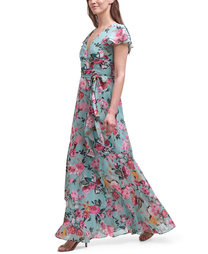 Eliza J Floral-Print Chiffon Faux-Wrap Gown - Macy's