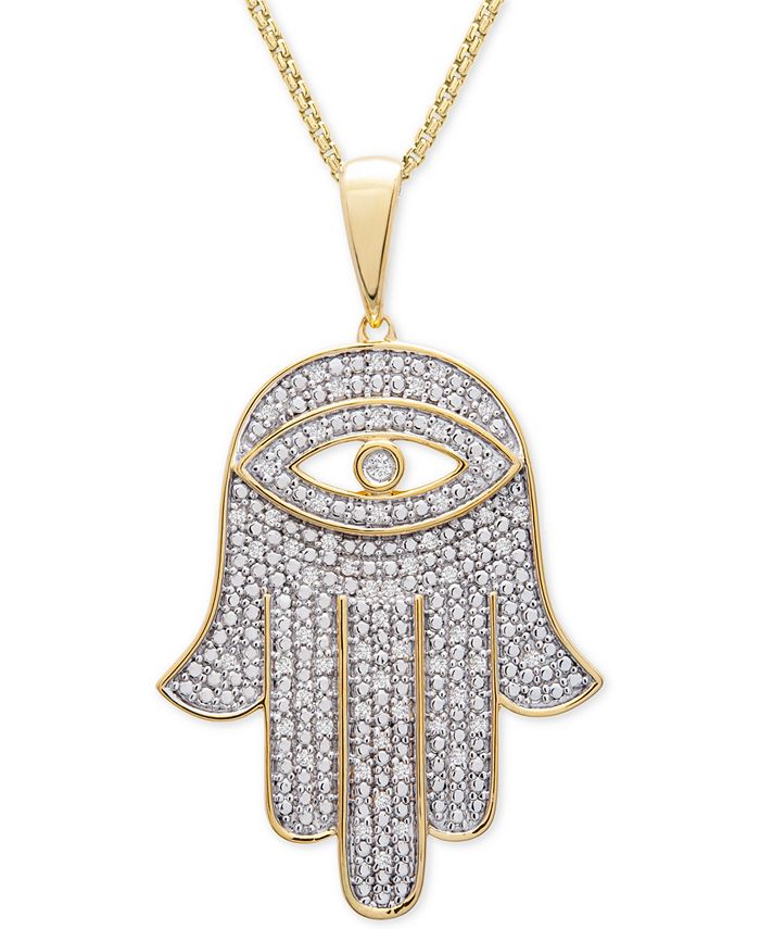 Macy's - Men's Diamond Hamsa Hand 22" Pendant Necklace (1/4 ct. t.w.) in 14k Gold-Plated Sterling Silver or Sterling Silver