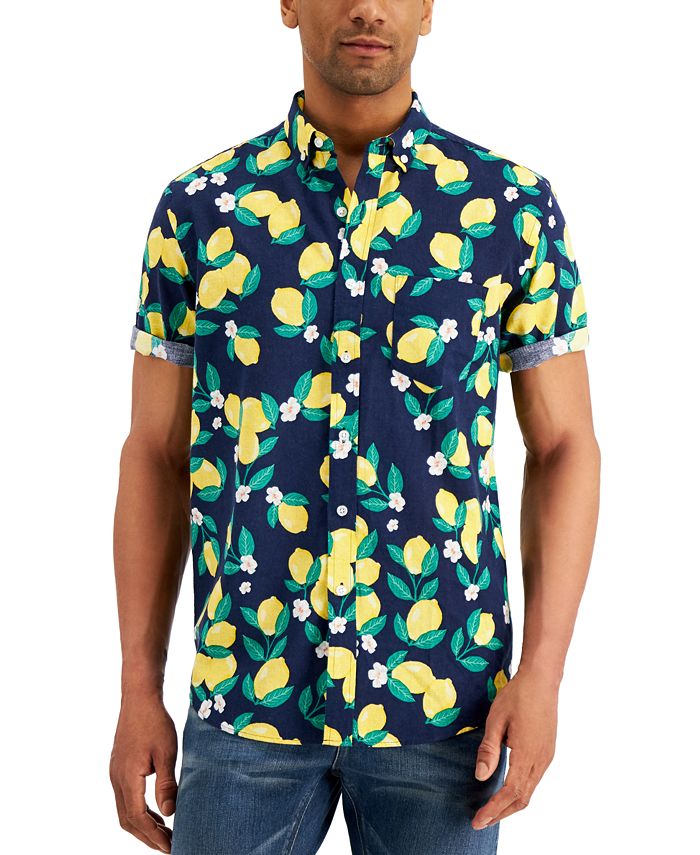 Club Room Men's Lemon Print Linen-Blend Short Sleeve Shirt, Created for ...
