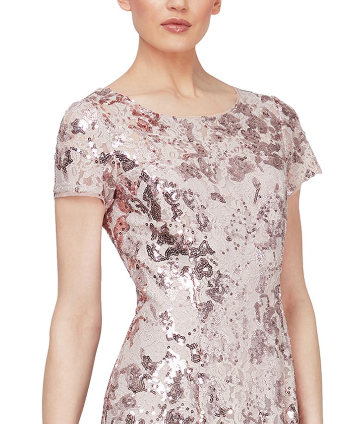 S.L. Fashions Women's Sequin Fit And Flare Dress - Cap Sleeve, Lace Detail