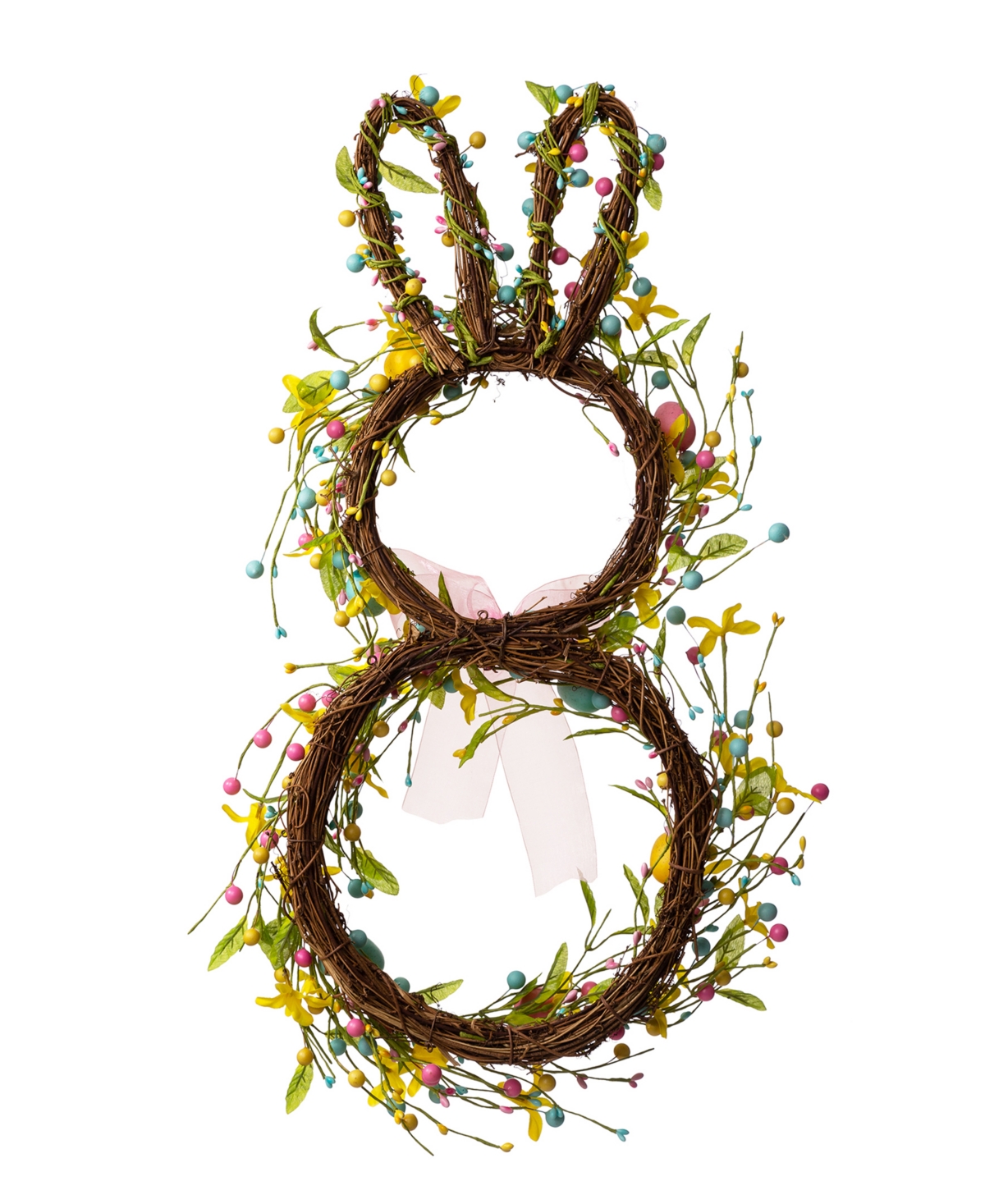 Glitzhome 24.5"H Easter Bunny Shaped Wreath with Eggs Satin Ribbon Bow