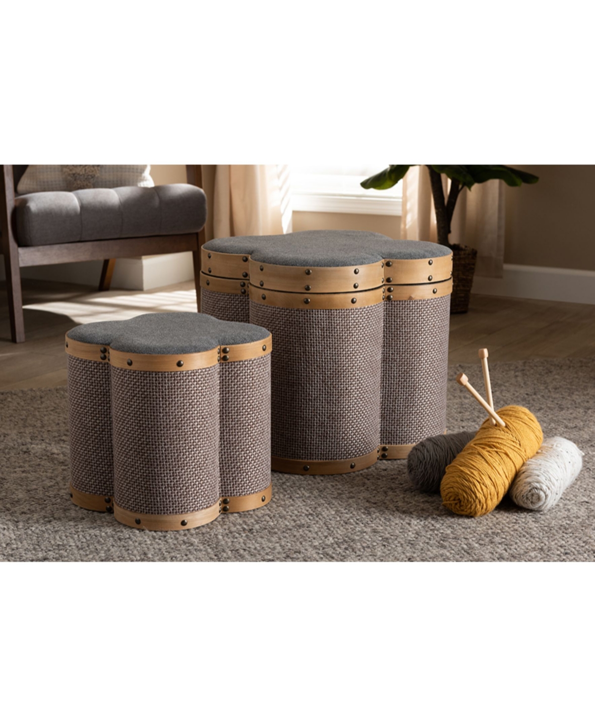 Marilyn Modern and Contemporary Transitional and Fabric Upholstered 2 Piece Clover Shaped Storage Ottoman Set