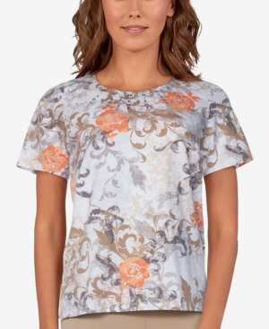 Alfred Dunner Women's Missy Classics Scroll Floral Short Sleeve T-shirt In Tan