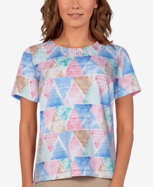 Alfred Dunner Women's Missy Classics Watercolor Triangle Print T-shirt In Multi