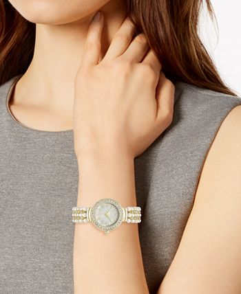Charter Club - Women's Crystal Gold-Tone Imitation Pearl Bracelet Watch 28mm