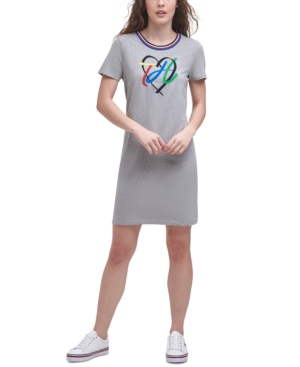 Tommy Hilfiger Rainbow Heart T-shirt Dress In Stone Grey Heather Multi