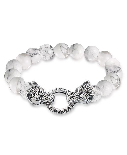 alfani Andrew Charles by Andy Hilfiger Men's Tiger's Eye Bead Wolf Head Stretch Bracelet in Stainless Steel (Also in Onyx & White Agate) Jewelry & Watches