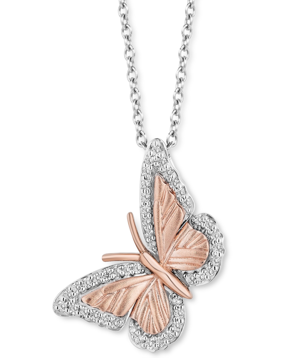 Diamond Butterfly Pendant Necklace (1/7 ct. t.w.) in Sterling Silver & 14k Rose Gold, 16" + 2" extender - Rose Gold/ Ste