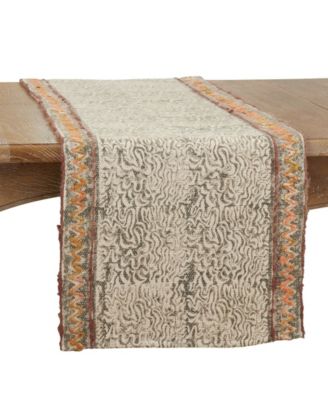 Cotton Table Runner with Block Print Embroidered Design, 72" x 16"