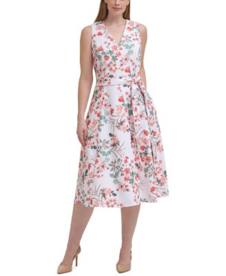 calvin klein floral belted chiffon midi dress