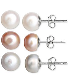 3-Pc. Set Multicolor Cultured Freshwater Pearl (8mm) Stud Earrings in Sterling Silver, Created for Macy's