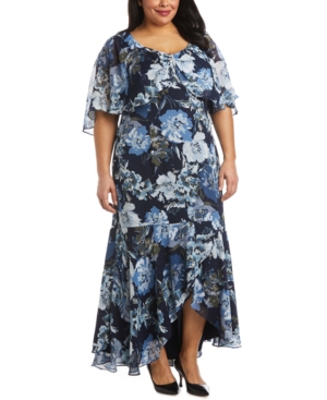 R & M Richards Plus Size Embellished High-low Gown In Navy Floral