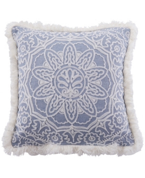 Levtex Bennett Fringe Embroidered Decorative Pillow, 18" X 18" In Blue