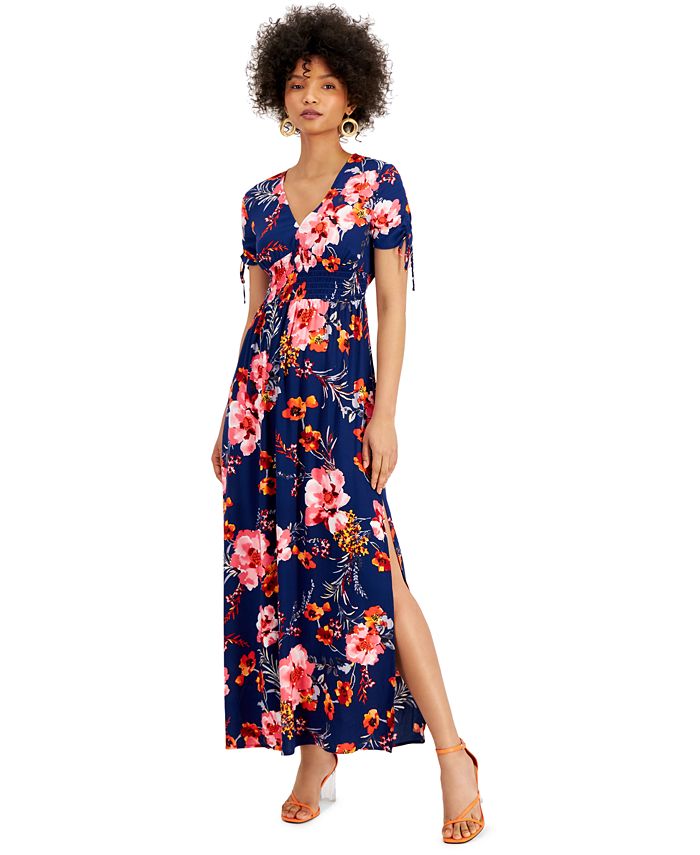 Bar III Floral-Print V-Neck Smocked-Waist Maxi Dress, Created for Macy ...