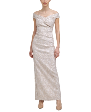 Calvin Klein Off-the-shoulder Gown In Champagne/ivory