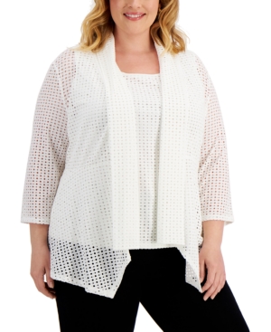 Kasper Plus Size Flyaway Eyelet Cardigan