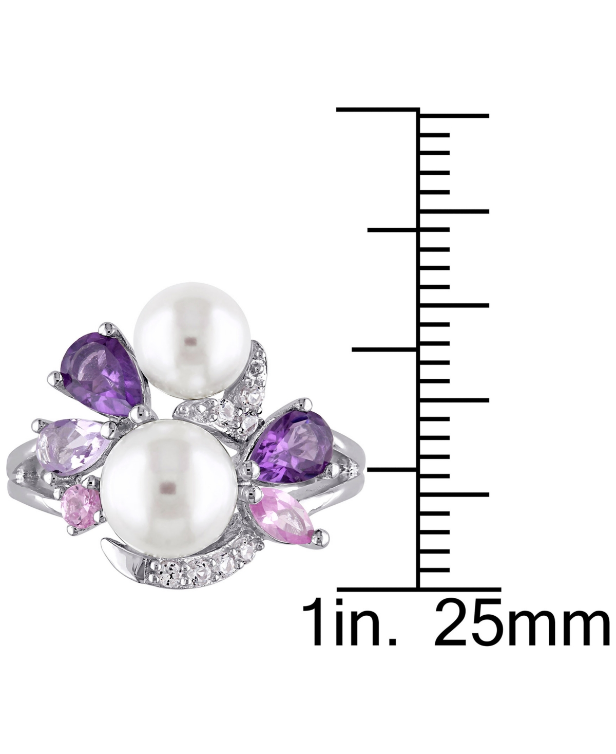 Cultured Freshwater Pearl (6-1/2 & 7-1/2mm) & Multi-Gemstone (1-3/8 ct. t.w.) Cluster Ring in Sterling- Silver