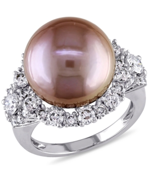 Macy's Pink Cultured Freshwater Pearl (13-1/2mm) & Diamond (1-5/8 Ct. T.w.) Statement Ring In 14k White Gol In White Gold