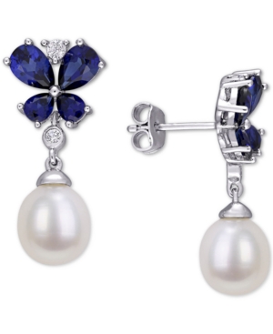 Macy's Cultured Freshwater Pearl (8mm) & Lab-grown Blue & White Sapphire (3-3/4 Ct. T.w.) Butterfly Drop Ea In Silver