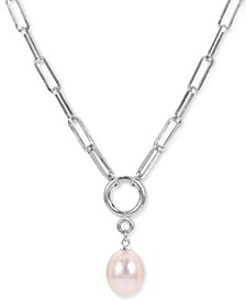 Cultured Freshwater Pearl (10mm) 24" Paperclip Pendant Necklace in Sterling Silver