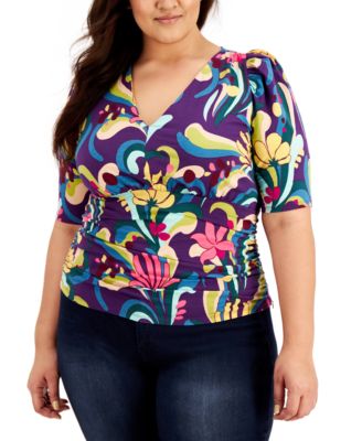 INC International Concepts - Plus Size Printed Puff-Sleeve Cotton Top