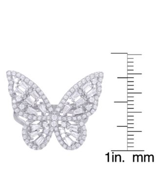 Cubic Zirconia Baguette and Round Stone Butterfly Ring in Silver Plate