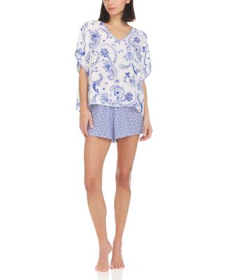 Anaya Caftan-Style Top and Shorts Mixed-Print Pajama Set