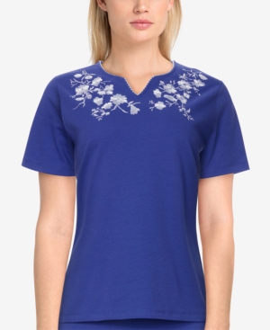 Alfred Dunner Women's Missy Savannah Casual Floral Embroidered Short Sleeve Top In Purple