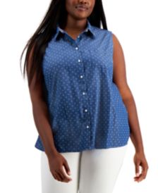 Plus Size Spotted Chambray Sleeveless Blouse