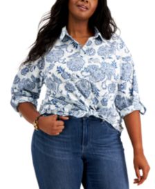 Plus Size Roll Tab Floral Button Down Blouse