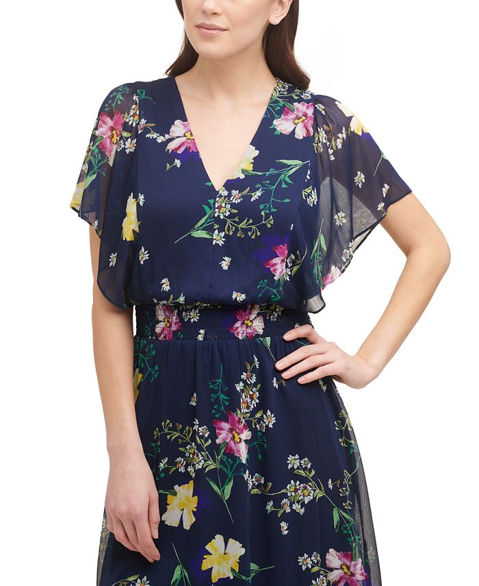 Dkny Floral Print Smocked Waist Flutter Sleeve Midi Dress And Reviews Dresses Women Macys