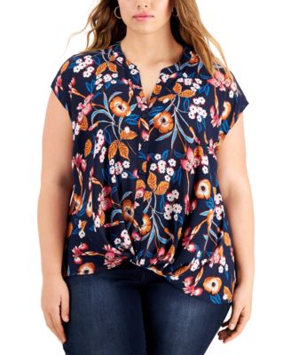 INC International Concepts - Plus Size Twist-Front Mixed-Media Top