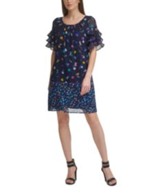 Printed Ruffled-Sleeve Shift Dress