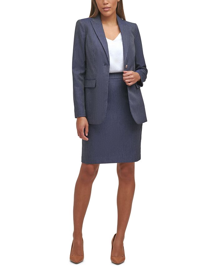 Calvin Klein One-Button Jacket, Striped V-Neck Cami Top & Button-Detail  Striped Pencil Skirt & Reviews - Wear to Work - Women - Macy's