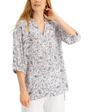 Alfani Printed Split-neck Tunic, Created For Macy's In White Floret Bunch