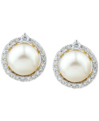 Cultured Freshwater Pearl (6mm) & Diamond (1/6 ct. t.w.) Halo Stud Earrings in 14k White Gold