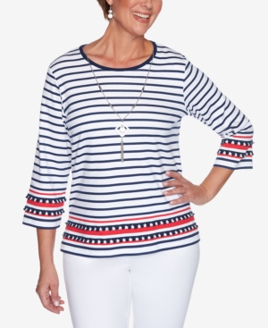 ALFRED DUNNER PLUS SIZE ANCHOR'S AWAY BORDER STRIPE WITH NECKLACE TOP
