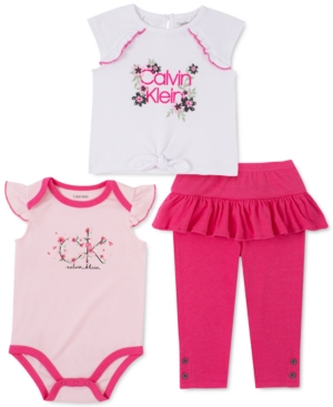 Calvin Klein Baby Girls 3-Pc Tie-Front T-Shirt Bodysuit & Ruffle Leggings Set