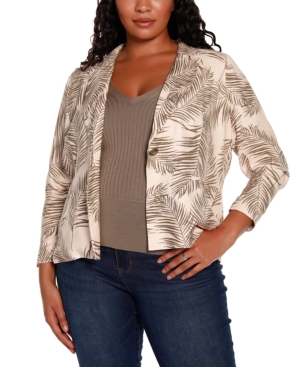 Belldini Black Label Plus Size Palm Print Lapel Collar Blazer
