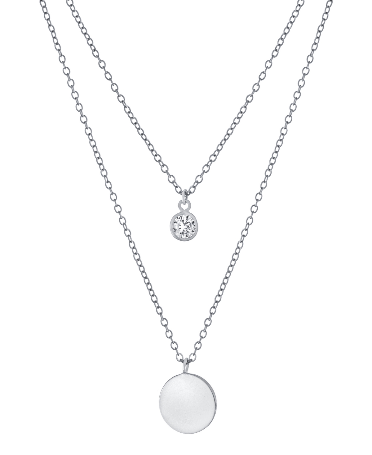 Double Layered + Cubic Zirconia Solitaire and 10mm Disc Chain Necklace in Gold Over Sterling- Silver