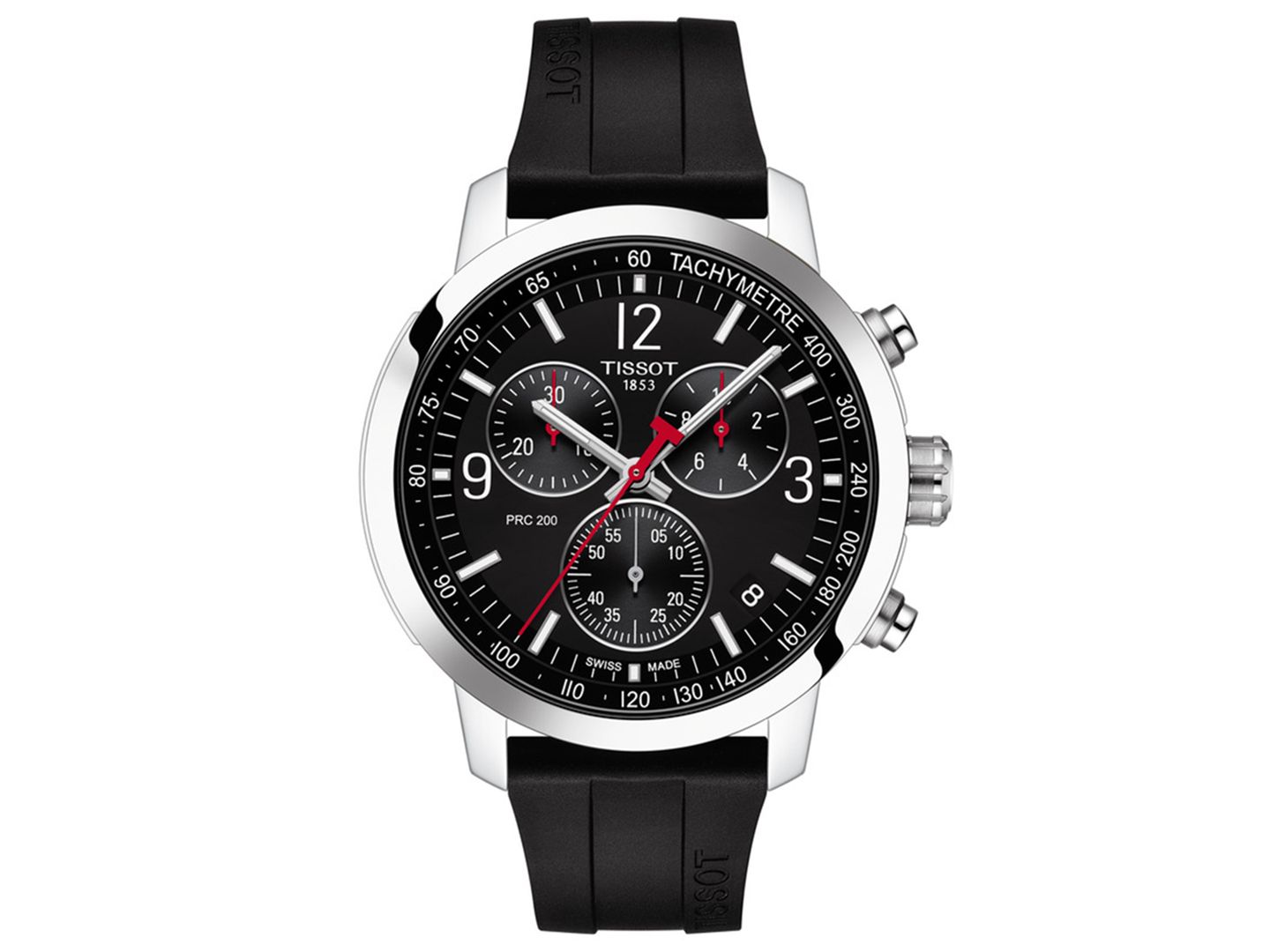 Мужские часы Tissot Swiss Chronograph PRC 200 Black Rubber Strap Watch 43mm — фото 1