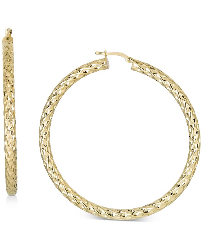 Italian Gold - Textured Medium Hoop Earrings in 14k Gold-Plated Sterling Silver, 2"