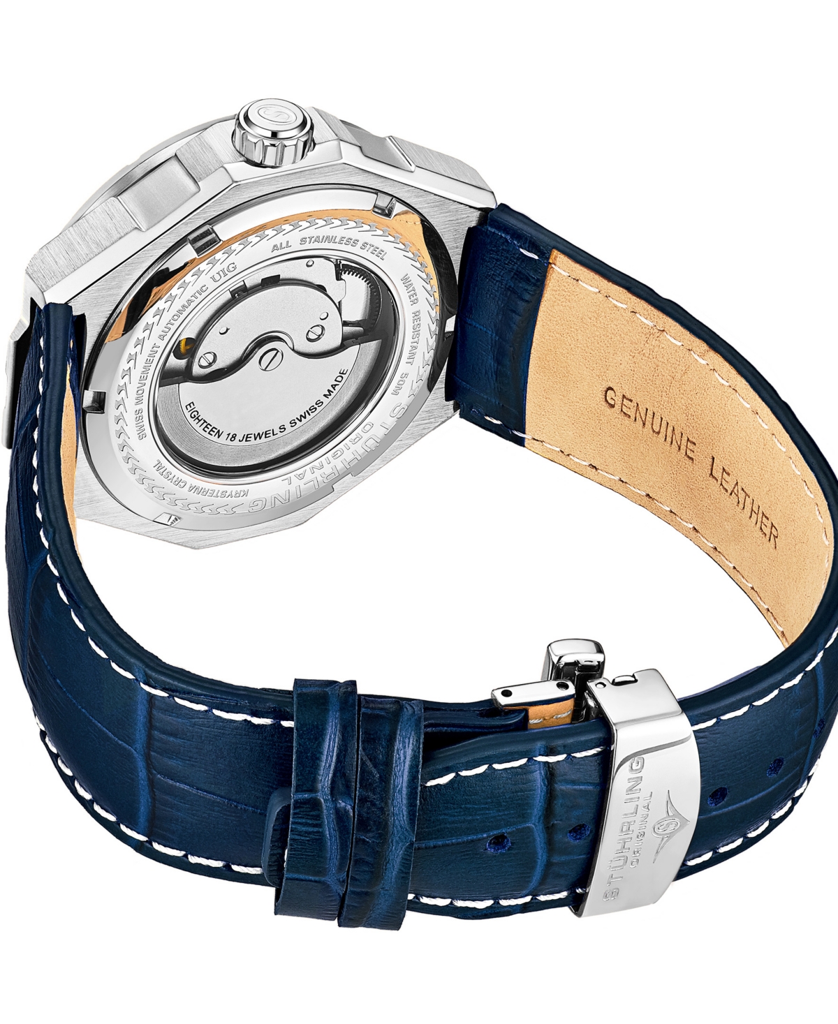 Men's Automatic Blue Alligator Embossed Genuine Leather Strap with White Stitching Watch 44mm