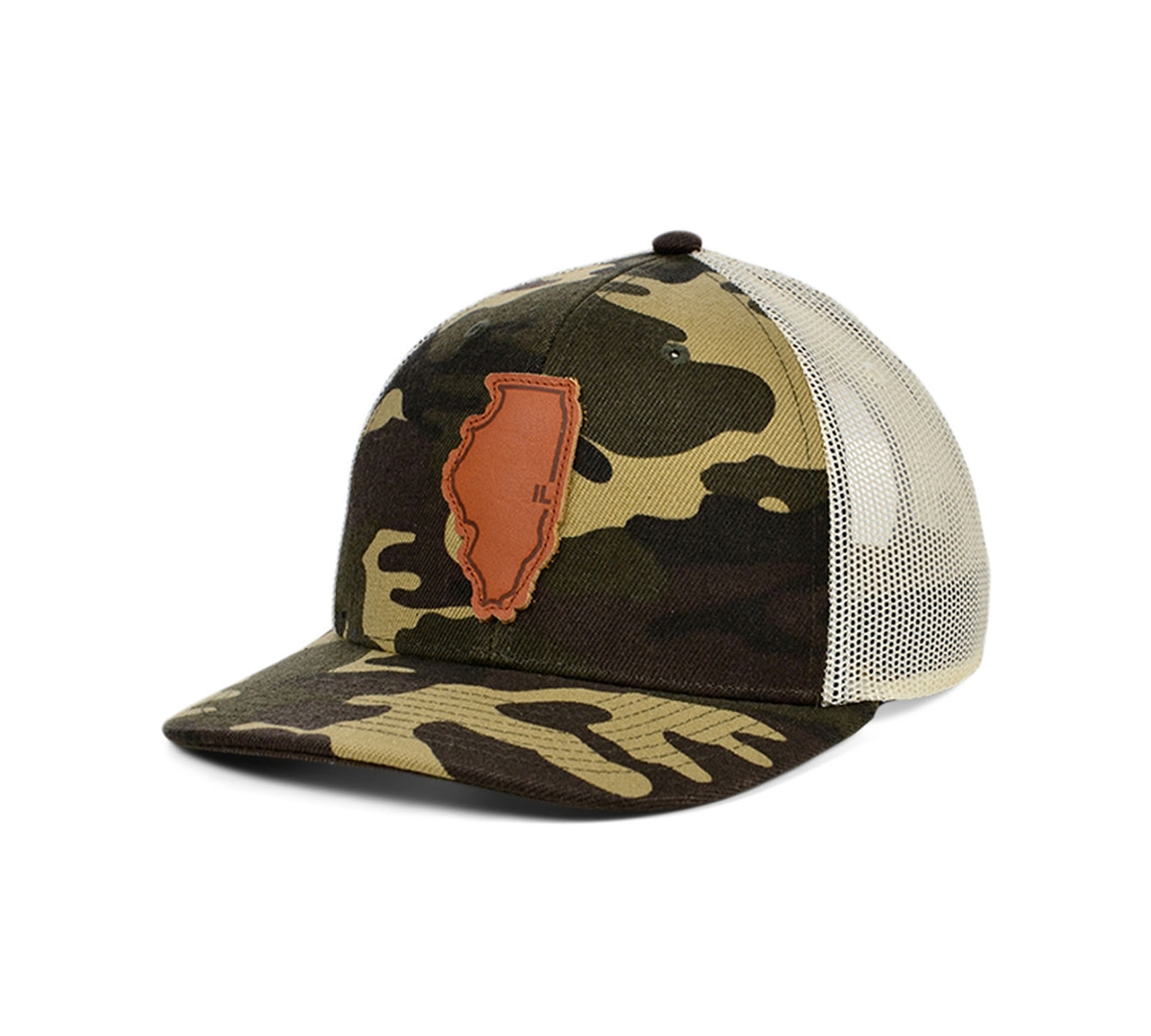 Local Crowns Illinois Woodland Leather State Patch Curved Trucker Cap