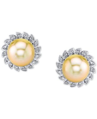Cultured Golden South Sea Pearl (10mm) & Diamond (1/4 ct. t.w.) Stud Earrings in 10k Gold