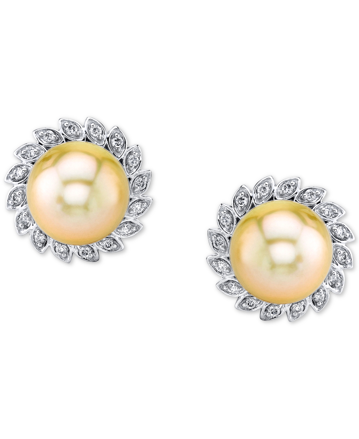 Macy's Cultured Golden South Sea Pearl (10mm) & Diamond (1/4 Ct. T.w.) Stud Earrings In 10k Gold In Yellow Gold